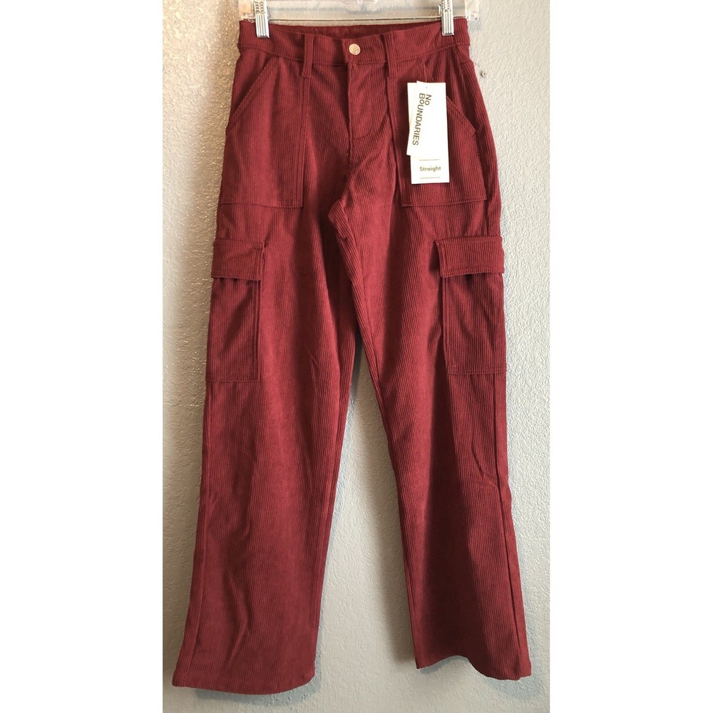 No Boundaries Juniors XXS Corduroy Mid Rise Cord Straight Pants Wine Punch New
